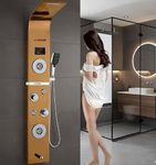 X-XONIER® Stainless Steel 304 Grade Shower Panel 6in1+ Extra Large 3Ways Hand shower Tower System With LED Rainfall Waterfall 2 Body Massage 4Mist Spray Temperature Display Panel.(R Gold)