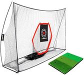 Flysocks 10x7 ft Golf Practice Hitting Net with Golf Mat, Heavy Duty Golf Nets with Center Target, 8 Golf Balls, 9 Golf Tees, 2 Marking Pens for Backyard Driving, Indoor Outdoor Chipping Training Net