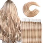 VINBAO Tape In Hair Extensions Piano Color 18 Highlighted with 613 Bleach Blonde Tape in Human Hair Extensions 50g 20pcs Human Hair Tape in Real Hair Extensions (tape#18P613-14Inch)