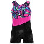 Leotards for Girls Ballet Dance Gymnastic with Shorts size 7 8 Sparkle Butterfly Flowers Pattern Sleeveless Biketards Hotpink Black (Hotpink, 140(7-8 years old))