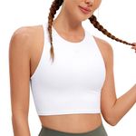 CRZ YOGA Butterluxe Womens Racerback High Neck Longline Sports Bra - Padded Workout Crop Tank Tops with Built in Shelf Bra White Large