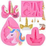 Unicorn Silicone Molds 4 Pcs, 3D Unicorn Head, Horn, Ears and Rainbow Fondant Mold for Chocolate Cake Decoration Candy Sugar Cupcake Topper Cake Pop Popsicle Polymer Clay Crafts