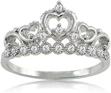 Hoops & Loops Sterling Silver Cubic Zirconia Princess Heart Crown Tiara Band Ring, Sterling Silver, Cubic Zirconia