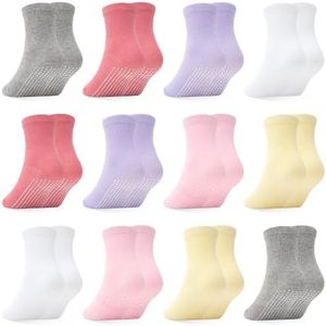 HYCLES Non-Slip Toddler Socks, Boys Girl Grip Socks for 5-7 Years Kids | Anti-Skid Soles with Grippers, 12 Pairs Multiple Colors, Cotton Crew Socks, Learn to Walk, Play Mat, Ideal Gift, Smooth Floor