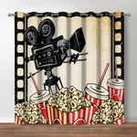 Jekeno Movie Theater Blackout Curtains, Retro Home Cinema Film Strips Decor, Popcorn Drink Cine Camera Print Theme Grommet Window Drapes for Bedroom Living Room, 52 Wide 84 Long inches 2 Panels