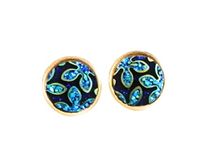 Handmade royal blue and black stunning floral design shimmering gold stud earrings
