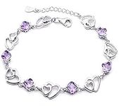 Kaguyo silver bracelets for women, crystal Bracelets for girl, clear Red Blue Amethyst pink crystal tennis Heart Bracelet for women girls, friendship Bracelets, birthday gift for her (Amethyst)