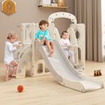 BanaSuper 5-in-1 Kids Slide and Swing Playset with Basketball Hoop, Toddler Climber and Swing Set with Storage Box, Child Playground Activity Center, Indoor and Outdoor Freestanding Slide