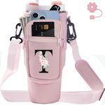 Water Bottle Carrier with Strap for Stanley 40 oz Tumbler,Personalized Initial ID Name Stanley Bag with Phone Pocket, Adjustable Strap, Straw Cover & Carabiner for Stanley Cup Accessories (T, Pink)