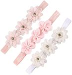 Hanunalir 3Pcs Baby Girl Flower Headbands Pink White Lace Petals Pearl Floral Hairband Newborn Toddler Cute Stretchy Headband Hair Accessories for Babies Toddler Infant Girls Gift Photography (A)