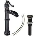 Bathroom Vessel Sink Faucet Oil Rubbed Bronze Black Farmhouse Waterfall Single Hole Tall with Pop Up Drain Assembly Without Overflow One Hole Mixer Tap Deck Mount Commercial Lead-Free by Bathlavish