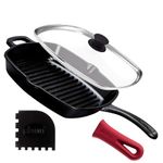 cuisinel Cast Iron Grill Pan + Glass Lid - 10.5"-Inch / 26.67cm Pre-Seasoned Square Grilling Skillet + Silicone Handle Cover + Pan Scraper - Grill, Stovetop, Induction Safe - Indoor and Outdoor Use