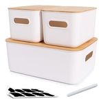 Bienvoun Set of 3 Storage Box with Wood Lid Plastic Storage Boxes Kitchen Stackable Storage Baskets for Shelves with Handle Bathroom Kitchen Organiser White