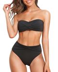 Tempt Me Women Bandeau Bikini Set Twist Strapless Two Piece Swimsuit High Cut High Waisted Bathing Suits, Black, Large