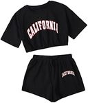 SHENHE Girl's Short Sleeve Letter Graphic 2Pcs Crop Top and Track Shorts Set Black 13-14Y