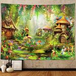 Fairy Forest Mushroom Decor Tapestry, Cute Fantasy Enchanted Forest Garden Tapestries Wall Hanging for Girls Bedroom College Dorm Room Aesthetic 60X40" Fairytale Nature Nursery Poster Blanket