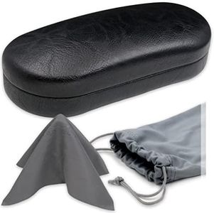 My Eyeglass Case - Men Sunglasses case in Premium Leather Like - Eyeglasses Case Hard Shell with Microfiber Pouch & Cloth Glasses Case - Medium to Large for Men and Women (AS87 Black with Pouch)