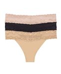 Natori Women's Bliss Perfection One Size Thong 3-Pack, Cameo Rose/Black/Caffe,