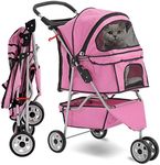 Folding Dog Stroller, 3 Wheels Pet Strollers Pet Gear for Small Medium Cats Dogs Puppy with Storage Basket, Cup Holder,Lightweight-Pink