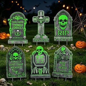 6pcs 17"×10" Glow in the Dark Scary Tombstone Halloween Yard Signs Stakes