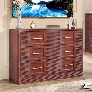 RECHHX Farmhouse 6 Drawers Dresser for Bedroom, 47.2" Wide Large Modern Chest of Drawers, Wooden Thermoformed Curved Dresser Organizer for Bedroom, Living Room, Rustic Cherry