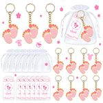 BUYWUMORE 12 Sets Baby Shower Favors for Girl Pink Footprint Keychain Gifts with White Organza Bags and Thank You Tags for Oh Baby It's a Girl Baby Shower Party Decorations Supplies (Girl), Multicolor