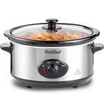 VonShef Slow Cooker 3.5L with Easy Clean Removable Oven to Table Dish, Glass Lid & 3 Heat Settings- High/Low Power Mode & Keep Warm Function- For Soups, Stews, Casseroles & Curries- Stainless Steel