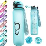 Live Infinitely 34 oz Gym Water Bottle with Time Marker - Fruit Infuser Screen BPA Free 1 Liter Water Bottle - Locking Flip Top Lid & Durable Travel Bottle Coating (Teal 34oz)