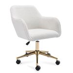 DEKKETO White Teddy Swivel Desk Chair, Makeup Vanity Chair with Wheels, Height Adjustable Dressing Table Chairs with Gold Base for Bedroom, Vanity Room, Home Office