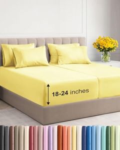 Extra Deep Split King Sheet Set - 7 Piece Breathable & Cooling Sheets - Hotel Luxury Bedding Set w/18-24 Inch Extra Deep Pockets - Easy Fit - Super Soft, Wrinkle Free & Comfy - Yellow, Split King Size