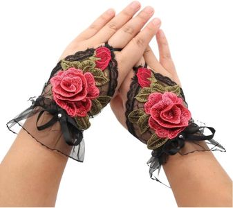 Specell Embroidered Rose Red Flower Lace Fingerless Gloves, Hand Embroidery Rose Flower Fingerless Gloves Tea Party Glove, Women's Fingerless Flowers Patterns Glove.