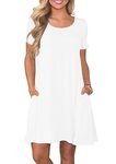 YMING Womens Round Neck Dress Short Sleeve Dress Summer Dress Long Shirt Dress White S