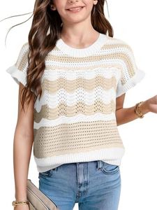 WIFFGO Girls Boho Crochet Tops Teen Cute Spring Summer Striped Short Ruffle Sleeve Sweater Vest Casual Shirt Outfits Apricot