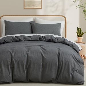 LOVQUE 100% Washed Cotton Duvet Cover Set, Linen Like Natural Bedding Set with Zipper Closure (No Comforter), 104x98 Inches, Cal King, Dark Grey