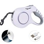 KEBKE Retractable Dog Leash for Medium to Large Dogs - 20ft,Up to 110lbs, Rechargeable LED Light, Tangle-Free, Non-Slip Handle, One-Button Control.(White-with Lights)