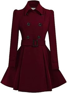 ForeMode Women Swing Double Breasted Wool Pea Coat with Belt Buckle Spring Mid-Long Long Sleeve Lapel Dresses Outwear, Winered, Medium