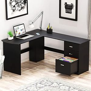 SHW L-Shaped Home Office Wood Corner Desk with 3 Side Drawers, Black