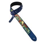 Walker And Williams KB-32 Skinny Series 2" Wide Cobalt Blue Premium Grain Leather Padded Guitar Strap With Hand Tooled Red And Gold Phoenix Design, Cobalt Blue, Regular