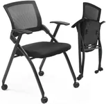 HAOYYE Stackable Folding Office Chair with Wheels, Padded Seat and Rebound Back, Black PU Upholstery Metal Frame, Conference Guest Training Room Chair Supports 350lbs (Black, 23.6" x 24.8" x 34.4")