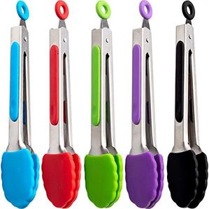 5 Pack Kitchen Silicone Small Tongs Set 7-Inch Mini Tongs Heavy Duty Colorful Stainless Steel Silicone Cooking Tongs with Non-Stick Silicone Tips for Food,Serving,BBQ,Salad,Grilling and More