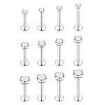 JZTRADING 12Pcs Cubic Zirconia Studs Flat Back Earrings Set 16G Silver Small Cartilage Stud Tragus labret Earrings For Women Girls 6mm/8mm/10mm/12mm