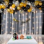 SpecialYou Happy Birthday Decoration kit for Boys with Gold, Black & White Balloons for decoration, White curtains & Light(40ft), birthday decor for husband, balloon decoration kit- 71 Pcs