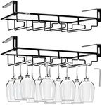 2Pcs Adjustable Wine Glass Rack Under Cabinet, Punch-Free 4 Rows Stemware Wine Glass Metal Holder, Hanging Wine Glasses Storage Hanger Organizer for Shelf Kitchen Bar Decor(4 Rows, Black)