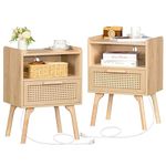 Lerliuo Rattan Nightstands Set of 2 with Charging Station, Boho Side Table with Drawer Open Shelf, Cane Accent Bedside End Table with Solid Wood Legs for Bedroom, Dorm and Small Spaces (Natural)