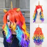 Hifot Unicorn Wigs for Women, Long Curly Rainbow Wig with Horn and Ears, Colored Cosplay Wig for Girls Kids Fancy Dress Birthday Party Hair Accessories