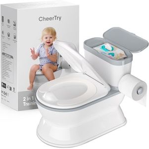 CheerTry 2-in-1 Toddler Potty Training Toilet - Larger Potty Chair & Detachable Training Seat for Boys & Girls Ages 1-3 with Flushing Sound, Wipes Storage, Toilet Paper Holder - Grey