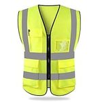 HYCOPROT Hi Vis Viz High Visibility Reflective Safety Vest Waistcoats Jacket Workwear Executive Zip 2 Band Security Mobile Phone Pocket ID Holder (Yellow, M)