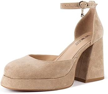 wetkiss Platform Chunky Heels for Women Ankle Strap Pumps, Suede Nude, 10.5