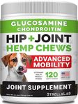 Hip&Joint Hemp Chews for Dogs - Extra Strength Glucosamine for Dogs - Joint Supplement - Chondroitin MSM - Dog Joint Pain Relief Treats - Mobility & Flexibility Support - MSM - Made in USA (120Ct)
