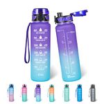 Polygon 32oz Motivational Water Bottle with Time Marker & Removable Strainer to Remind You Drink More Water, Fast Flow, Leakproof BPA Free Sport Water Bottle for Fitness and Outdoor(Grape/Green)